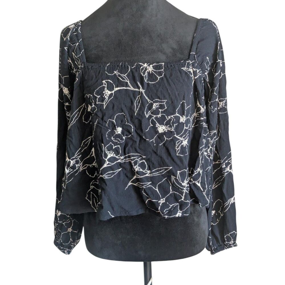 Billabong Black Floral Boho Peasant Top Small Square Neck Long Sleeve
